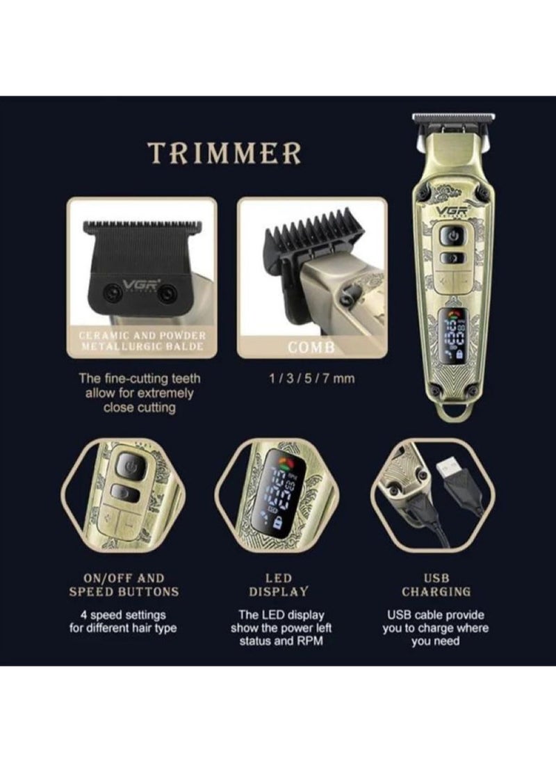 Generic - VGR V-643 Premium Metal Hair Clipper with Metal Blade, 5500-7000 RPM Digital Display, 4 Speed ​​Motor, Auto Test Button, 12 Guide Combs and T-Trim - Image 1