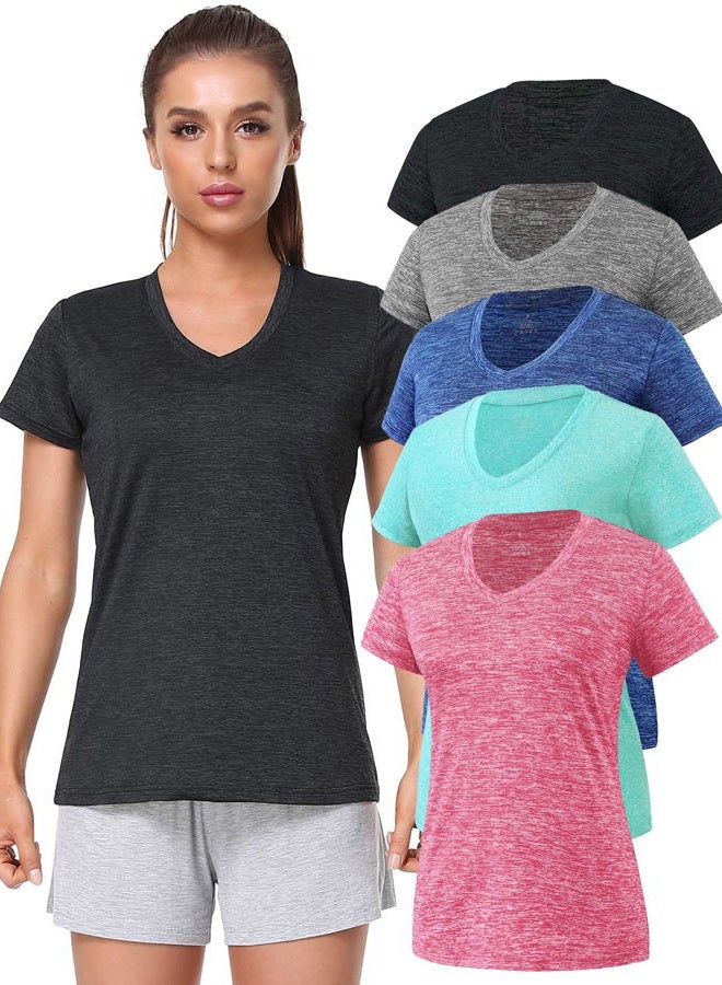 Cosy Pyro Women's Short Sleeve V-Neck athletic T-Shirt Exercise Yoga Tees Dry Fit Gym Shirts Moisture Wicking Workout tops Pack of 5 Black1/Gray/Navy/Rose/Azure L - Image 1