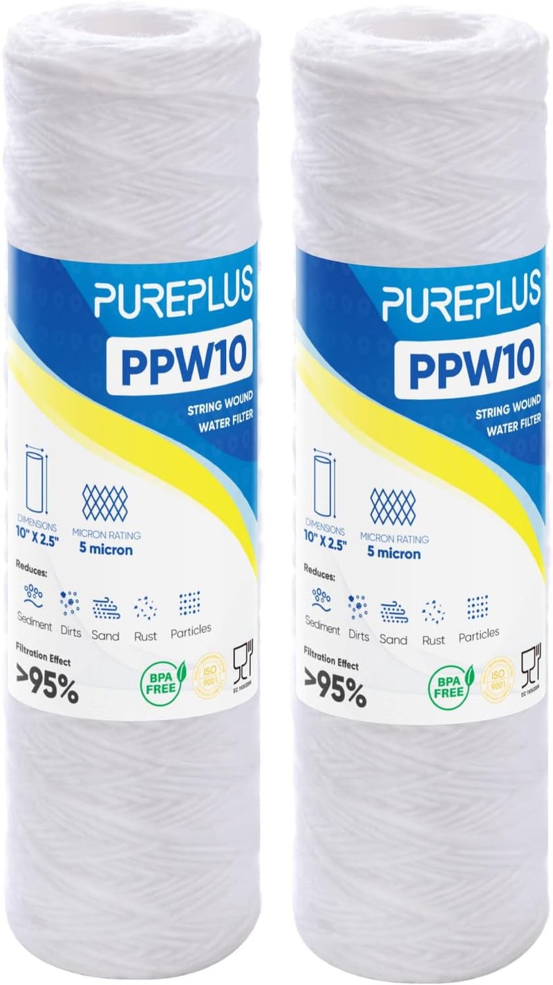 Pure Plus PUREPLUS 5 Micron 10"x2.5" Whole House String Wound Sediment Filter for Well Water, Replacement Cartridge for Universal 10 inch RO System, WP-5, Aqua-Pure AP110, CFS110, Culligan P5, WFPFC4002, 2Pack - Image 1