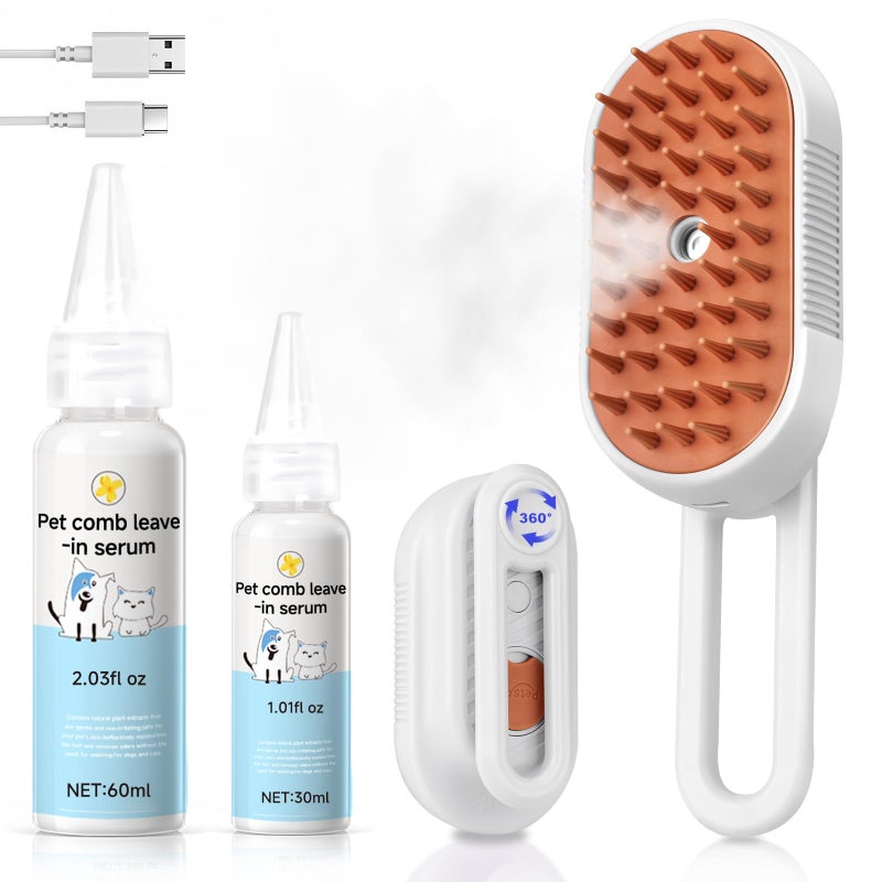 VVWVVW Steam Brush for Cat & Dog â€“ 3-in-1 Spritz Pet Spray Hair Removal Comb for Grooming & Shedding Steam â€“ Water Brush for Long & Short Haired Petsâ€“ Includes Two Bottles Waterless Shampoo - Image 1