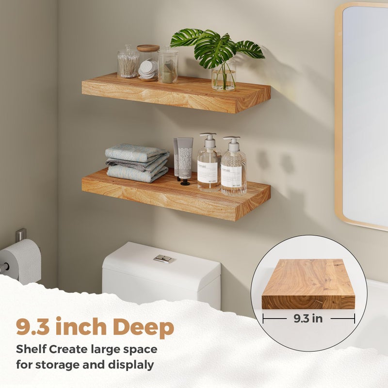 RICHFOCUS Elm Floating Shelves for Wall - 24" W x 9.3" D Rustic Solid Wood Shelves with Invisible Bracket, Wall-Mounted for Living Room, Bedroom, Kitchen Storage & Display, Set of 2, Natural - Image 5