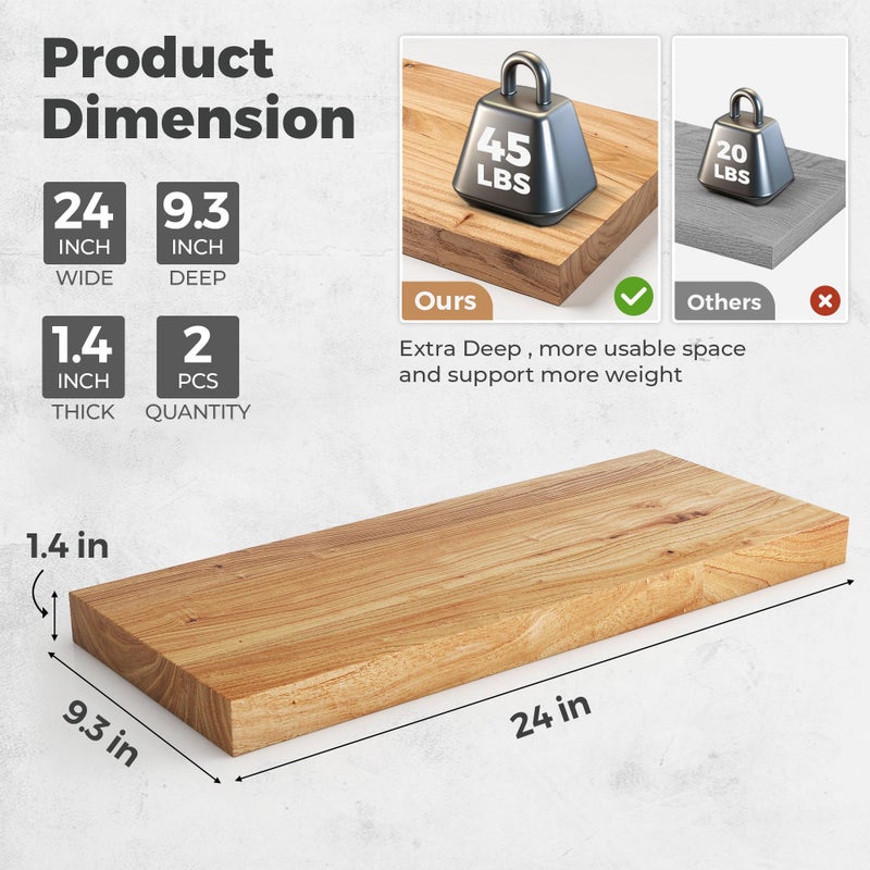 RICHFOCUS Elm Floating Shelves for Wall - 24" W x 9.3" D Rustic Solid Wood Shelves with Invisible Bracket, Wall-Mounted for Living Room, Bedroom, Kitchen Storage & Display, Set of 2, Natural - Image 2