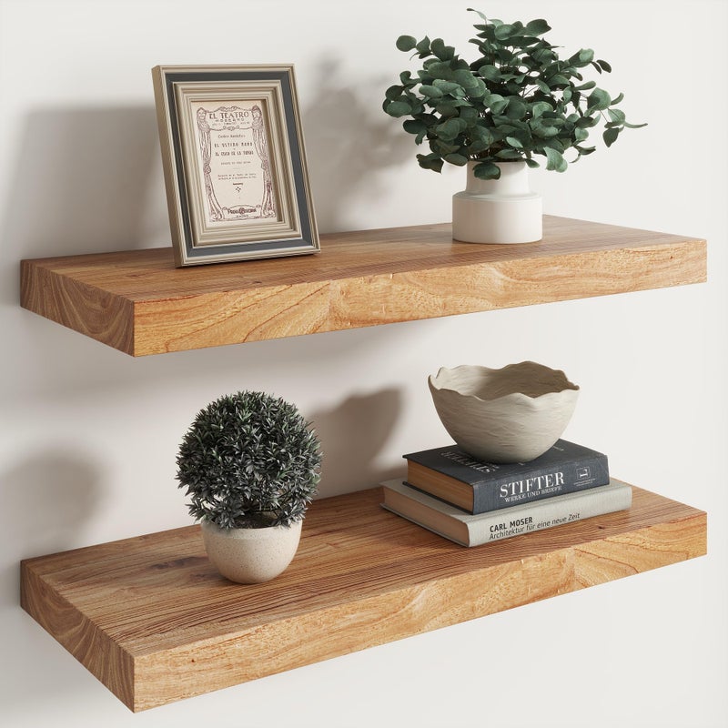 RICHFOCUS Elm Floating Shelves for Wall - 24" W x 9.3" D Rustic Solid Wood Shelves with Invisible Bracket, Wall-Mounted for Living Room, Bedroom, Kitchen Storage & Display, Set of 2, Natural - Image 1