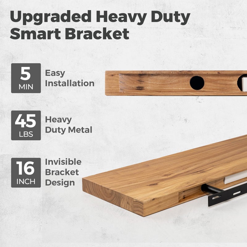 RICHFOCUS Elm Floating Shelves for Wall - 24" W x 9.3" D Rustic Solid Wood Shelves with Invisible Bracket, Wall-Mounted for Living Room, Bedroom, Kitchen Storage & Display, Set of 2, Natural - Image 4