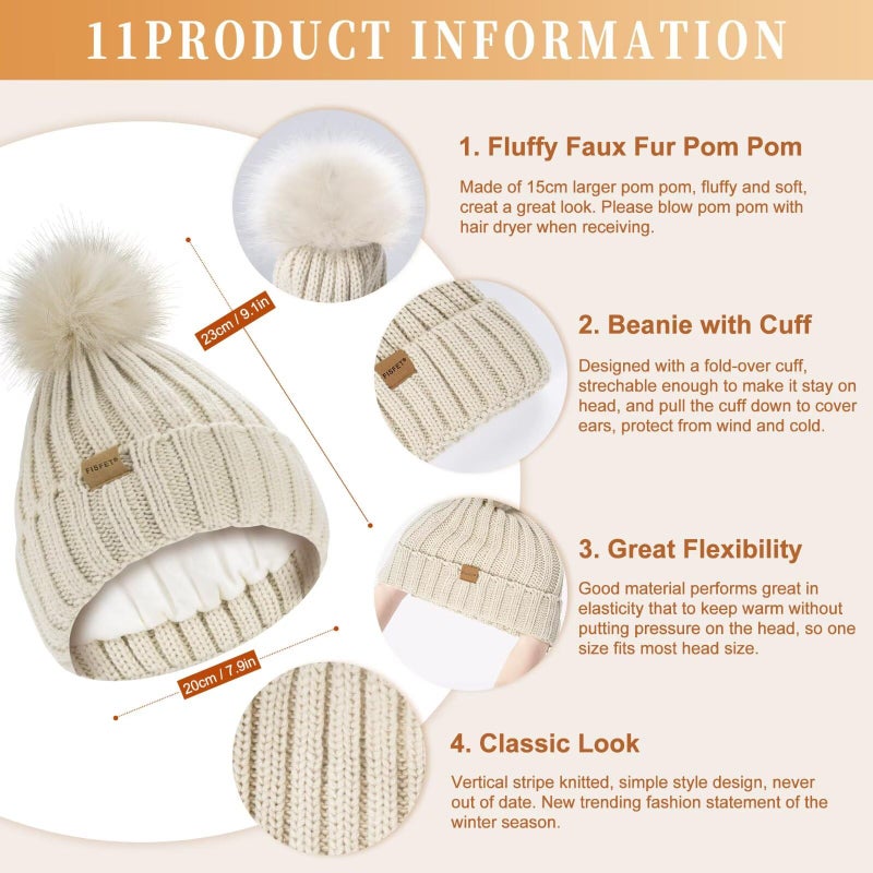 FISFET Winter Beanie Hat Scarf Gloves Set for Women, Winter Hats for Women Fleece Lined with Pom Pom Neck Warmer Touchscreen Gloves 3 in 1 Cold Weather Set, Stocking Stuffers Gifts for Mom Her(Oatmeal) - Image 3