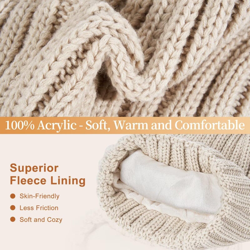 FISFET Winter Beanie Hat Scarf Gloves Set for Women, Winter Hats for Women Fleece Lined with Pom Pom Neck Warmer Touchscreen Gloves 3 in 1 Cold Weather Set, Stocking Stuffers Gifts for Mom Her(Oatmeal) - Image 2