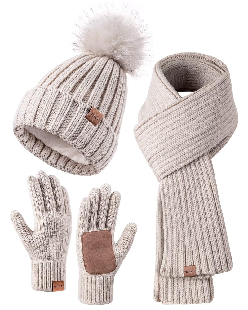 FISFET Winter Beanie Hat Scarf Gloves Set for Women, Winter Hats for Women Fleece Lined with Pom Pom Neck Warmer Touchscreen Gloves 3 in 1 Cold Weather Set, Stocking Stuffers Gifts for Mom Her(Oatmeal) - Image 1