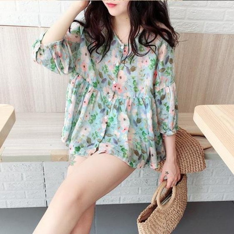 Babydoll Top Summer Korean Style Loose Retro Gentle Sweet Western Style A-Line Fluffy Floral Shirt Mid-Sleeve Shirt - Image 1