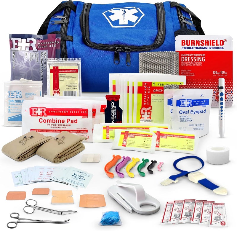Dixie Ems Fully Stocked Trauma First Aid Kit First Responder II Bag with Tools Gauze Bandages Scissors Gloves Compact Portable OSHA and ANSI Compliant Blue - Image 1
