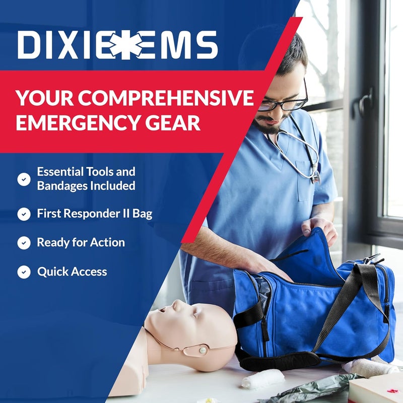 Dixie Ems Fully Stocked Trauma First Aid Kit First Responder II Bag with Tools Gauze Bandages Scissors Gloves Compact Portable OSHA and ANSI Compliant Blue - Image 4