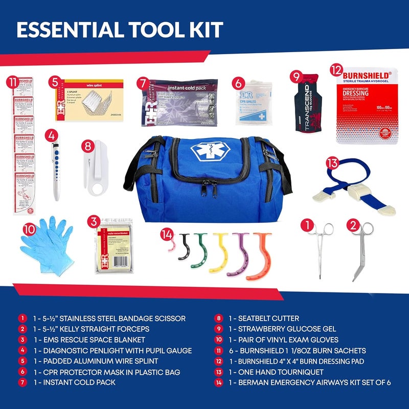 Dixie Ems Fully Stocked Trauma First Aid Kit First Responder II Bag with Tools Gauze Bandages Scissors Gloves Compact Portable OSHA and ANSI Compliant Blue - Image 2