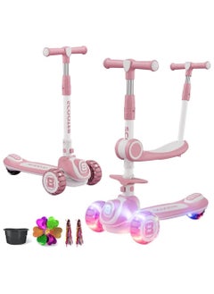 3-in-1 Kids Kick Scooter, Adjustable Height Handlebars and Removable Seat, 3 LED Lighted Wheels and Anti-Slip Deck, for Boys & Girls Aged 2-14(pink)