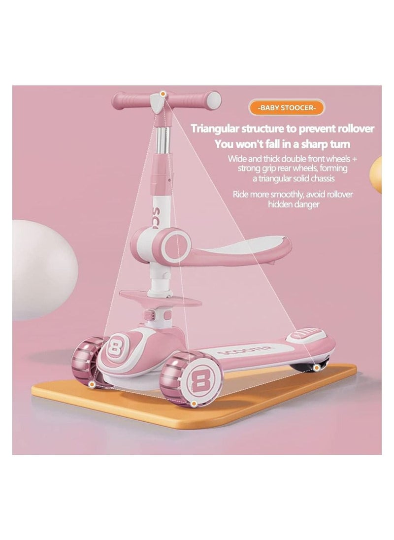 DMG TECH - 3-in-1 Kids Kick Scooter, Adjustable Height Handlebars and Removable Seat, 3 LED Lighted Wheels and Anti-Slip Deck, for Boys & Girls Aged 2-14(pink) - Image 1