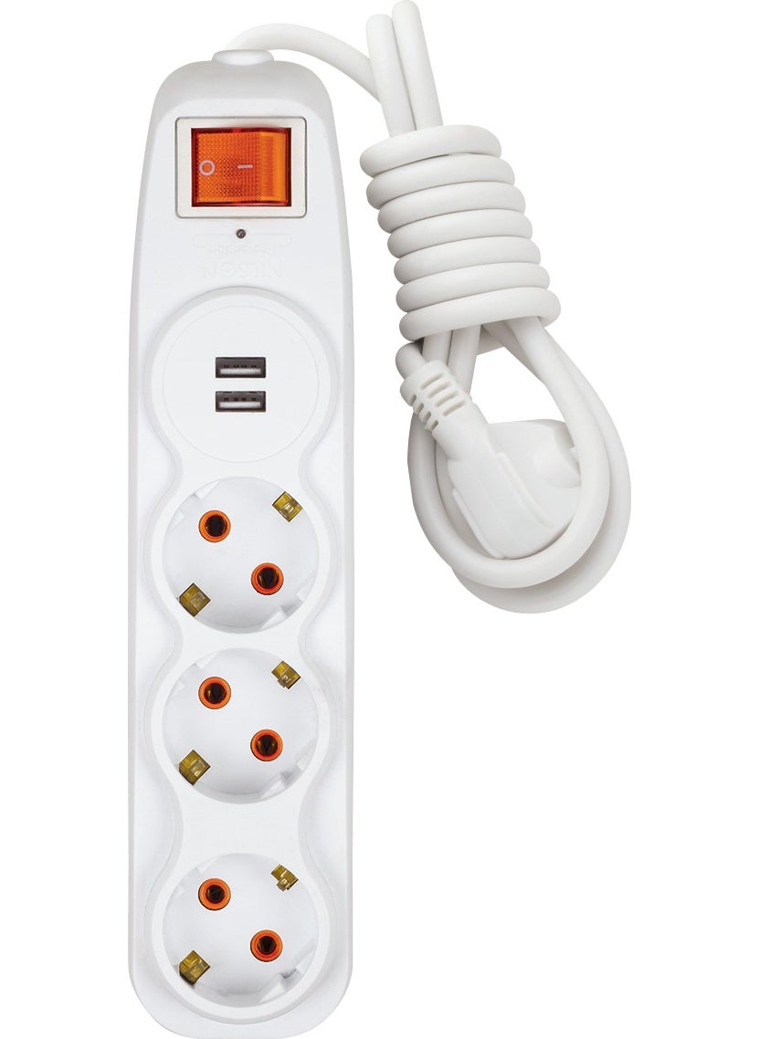 Nilson Quattro 3-Plus Surge Protected Switched Grounded Child-Proof Group Socket 2-Plus USB Fast Charging Supported 1.5 Meters 