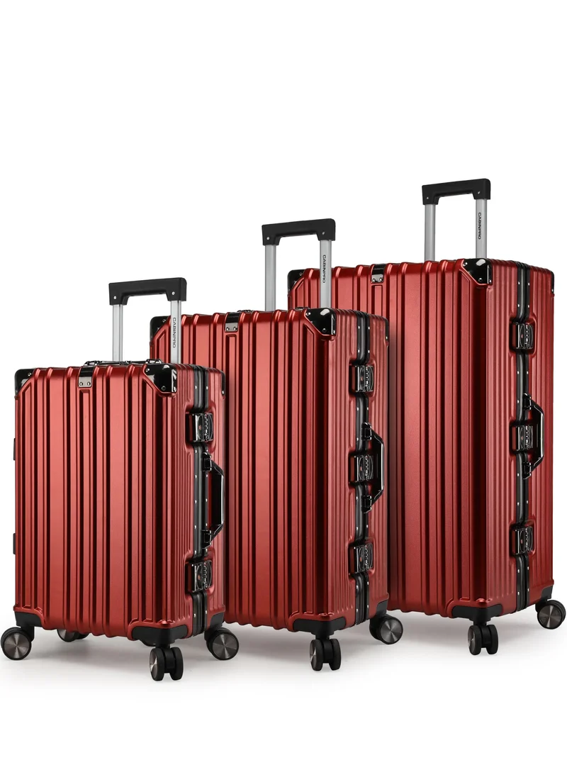 CABINPRO Lightweight Aluminum Frame Fashion Trolley Luggage Set of 3 Polycarbonate Hard Case Suitcase with 4 Quite 360° Double Spinner Wheels CP001 Maroon