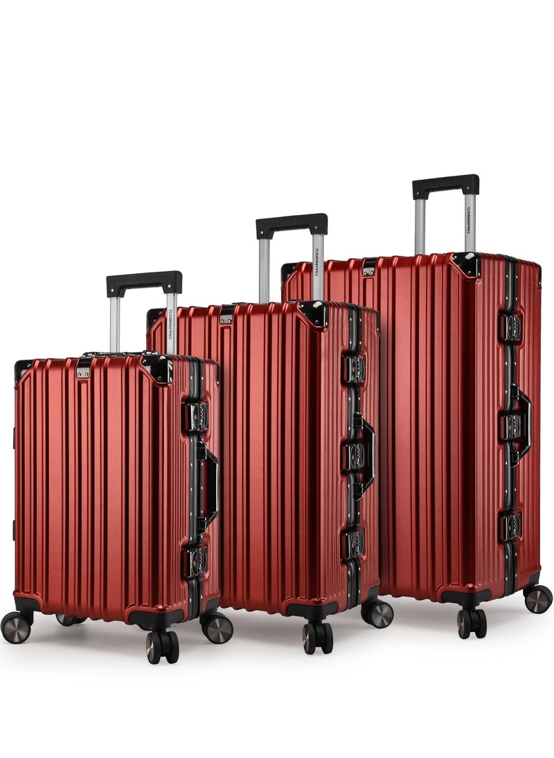 CABINPRO Lightweight Aluminum Frame Fashion Trolley Luggage Set of 3 Polycarbonate Hard Case Suitcase with 4 Quite 360° Double Spinner Wheels CP001 Maroon  - Image 1