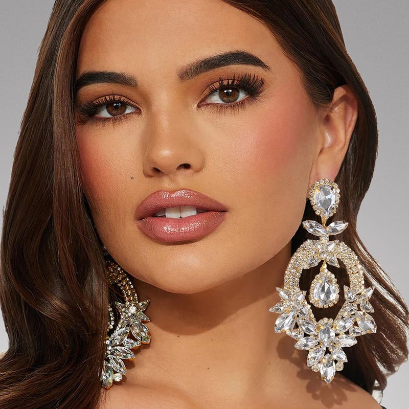XSBODY Costume Silver Large Rhinestone Earrings Dangling Trendy Bling Oversized Statement Earrings For Women Formal (Gold1) - Image 3