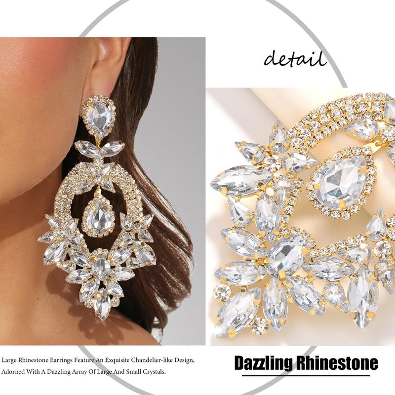 XSBODY Costume Silver Large Rhinestone Earrings Dangling Trendy Bling Oversized Statement Earrings For Women Formal (Gold1) - Image 4