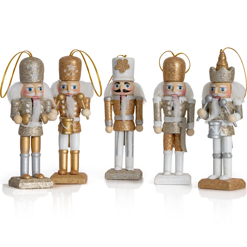 Ornativity Nutcracker Hanging Ornament Figures Gold and Silver Glittered Christmas Mini Wooden King and Soldier Nutcrackers Xmas Holiday Tree Ornament Decor Set 5 Pieces 5
