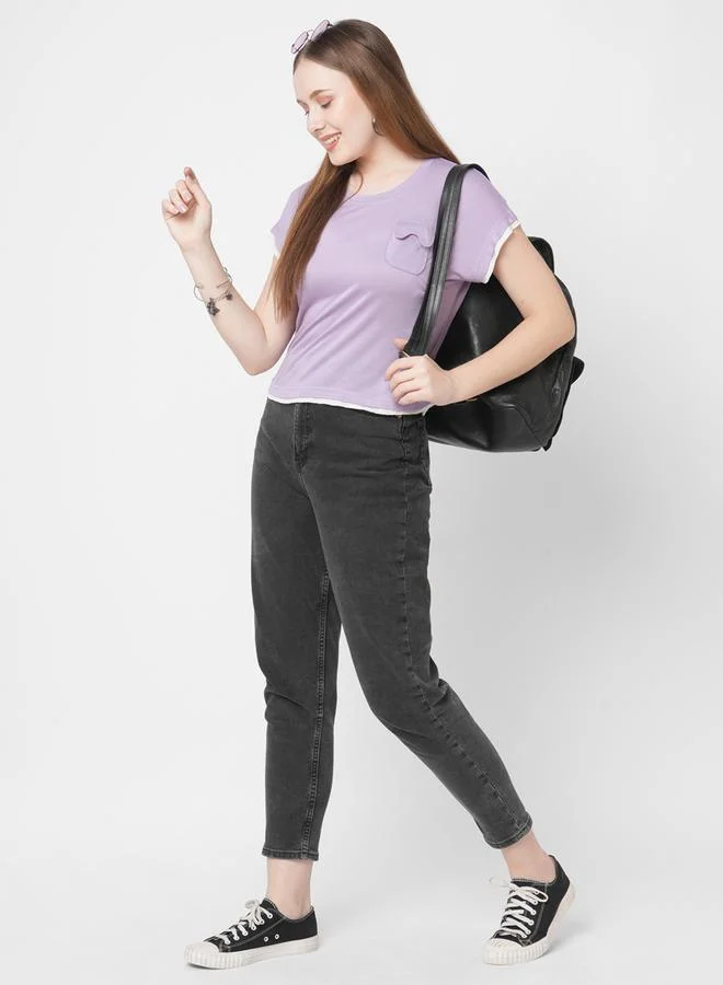 Mish Mish Women Purple Contrast Trim Short Sleeve T-Shirt with Flap Pocket