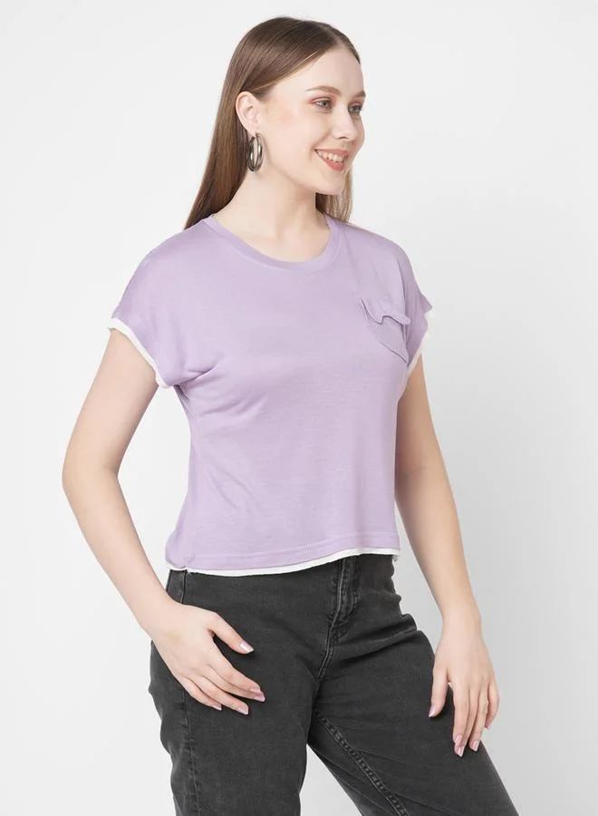 Mish Mish Women Purple Contrast Trim Short Sleeve T-Shirt with Flap Pocket