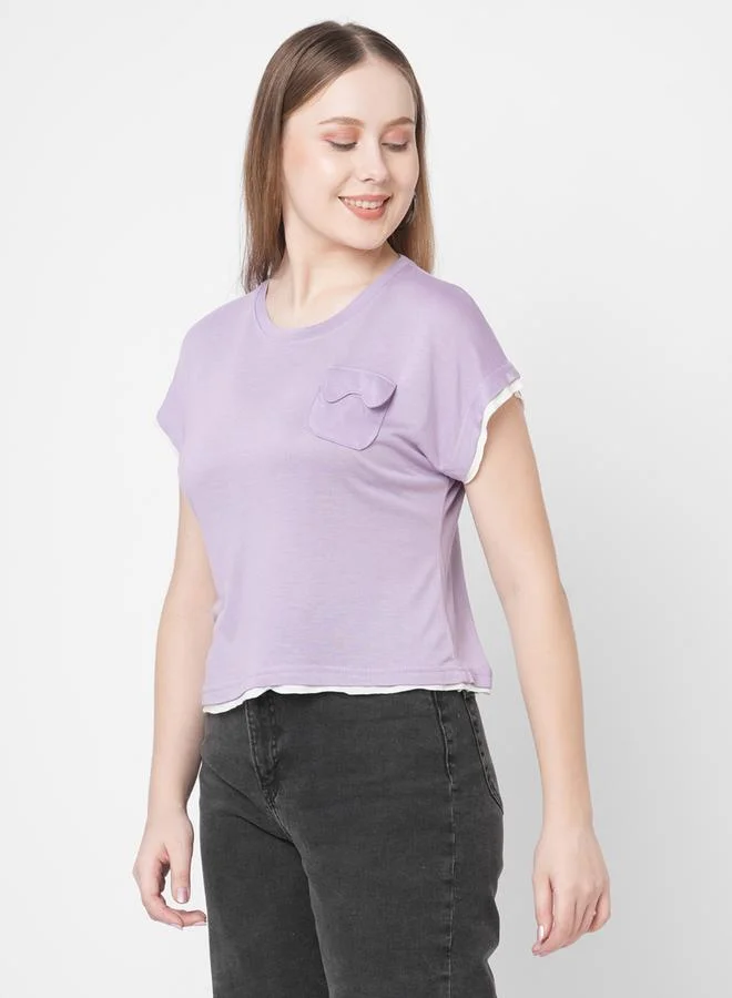 Mish Mish Women Purple Contrast Trim Short Sleeve T-Shirt with Flap Pocket