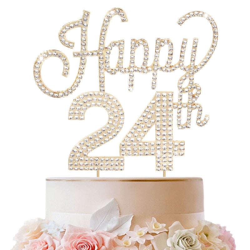 LINGTEER Happy 24th Birthday Gold Rhinestone Cake Topper - Cheers to 24th Birthday 24 Years Old Party Cake Centerpieces Topper Decorations Gift Sign. - Image 1