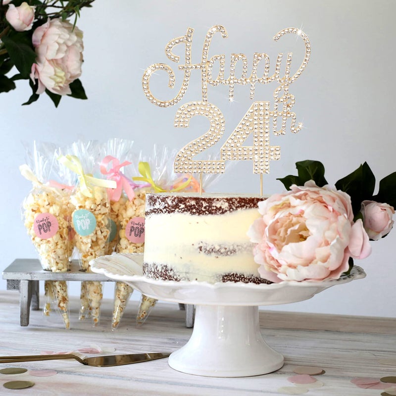 LINGTEER Happy 24th Birthday Gold Rhinestone Cake Topper - Cheers to 24th Birthday 24 Years Old Party Cake Centerpieces Topper Decorations Gift Sign. - Image 4