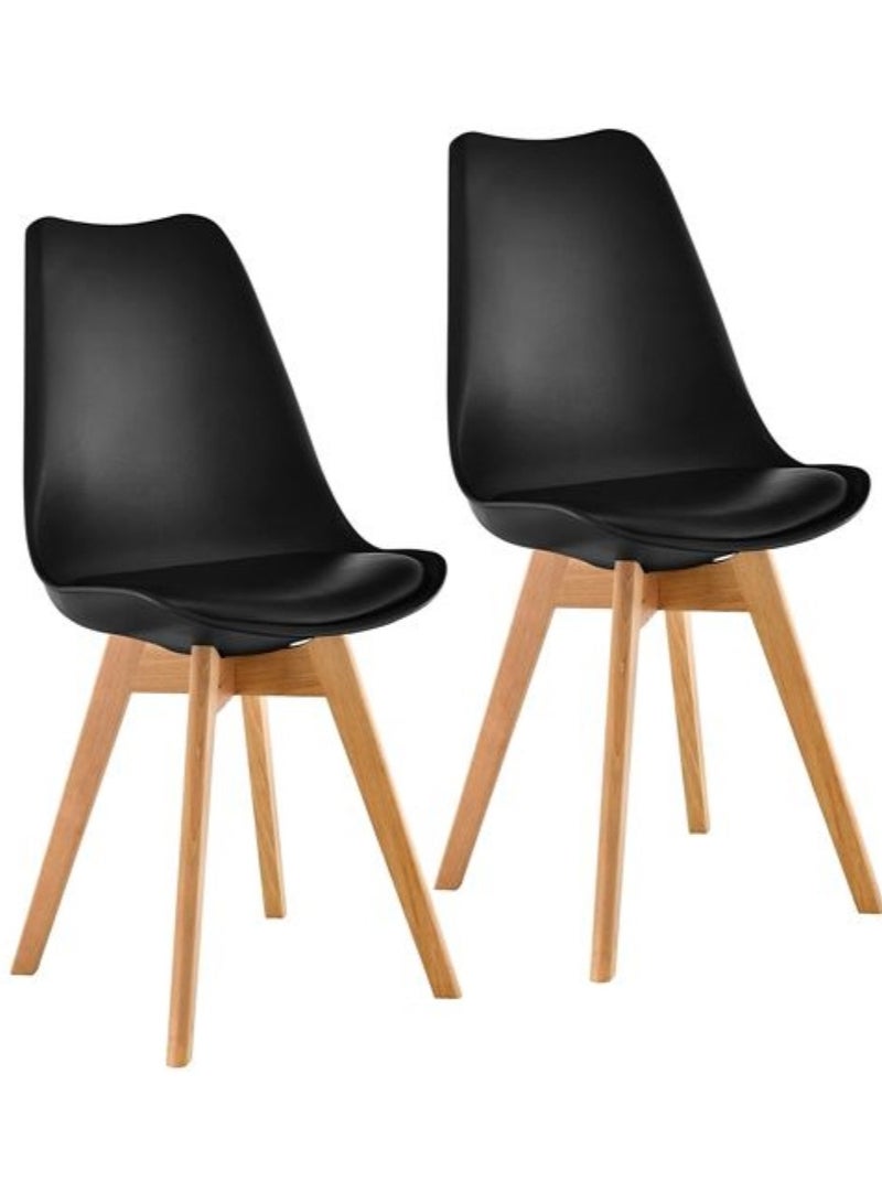 AL WADI FURNITURE AWF AL WADI FURNITURE Mid Century Modern Dining Chair Upholstered Side Chair with Beige Wood Legs and Soft Padded Shell Tulip Chair for Dining Room Living Room Bedroom Kitchen Set of 2 Black and Beige - Image 1