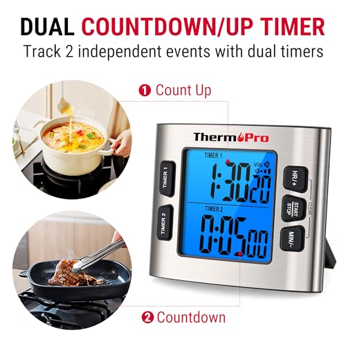 ThermoPro TM02 24 Hours Digital Timer with Dual Kitchen Timers for Cooking, Stop Watches Magnetic Timer Clock with Adjustable Alarm Volume & LCD Backlit Display, Classroom Timer for Kids & Teachers - Image 3