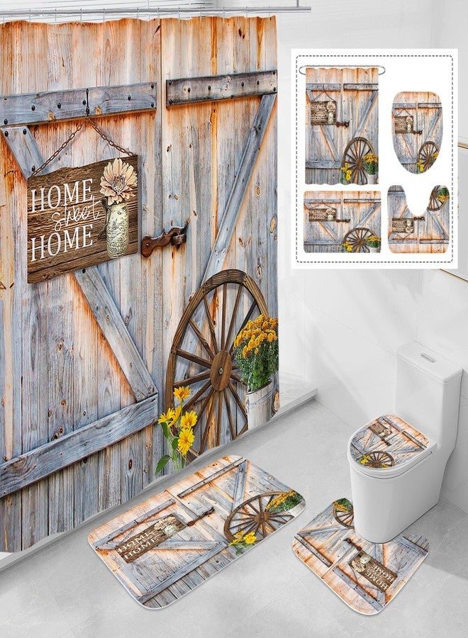 Litabel 4 Pcs Rustic Farmhouse Door Shower Curtain Set with Non-Slip Rugs, Toilet Lid Cover and Bath Mat, Countryside Flowers Bathroom Decor Set with Shower Curtain and Rugs(Hooks Not Included) - Image 1