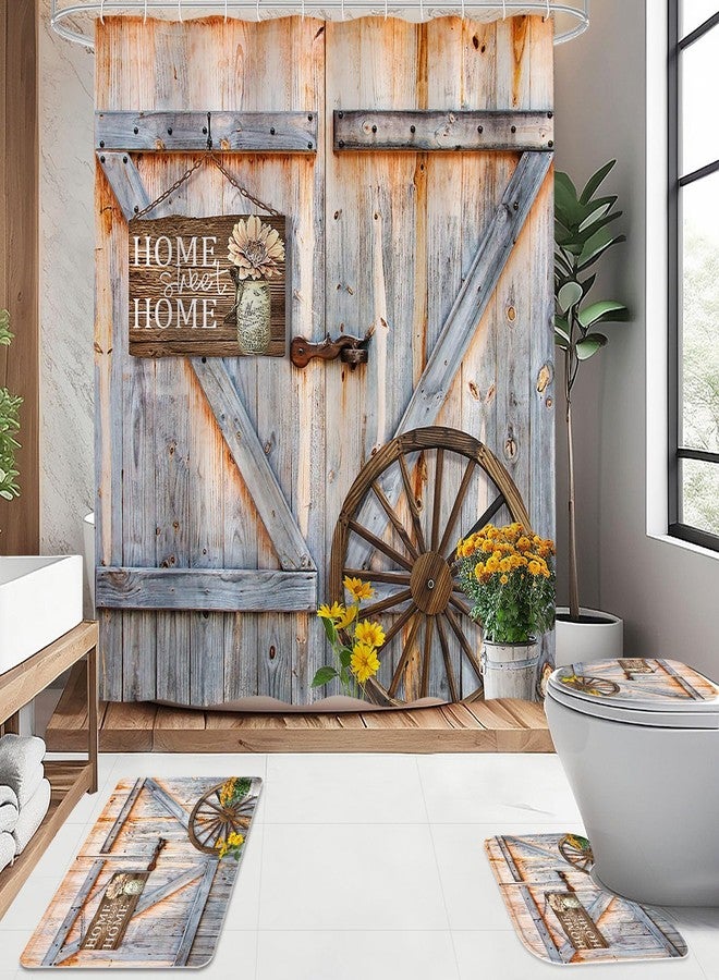 Litabel 4 Pcs Rustic Farmhouse Door Shower Curtain Set with Non-Slip Rugs, Toilet Lid Cover and Bath Mat, Countryside Flowers Bathroom Decor Set with Shower Curtain and Rugs(Hooks Not Included) - Image 2