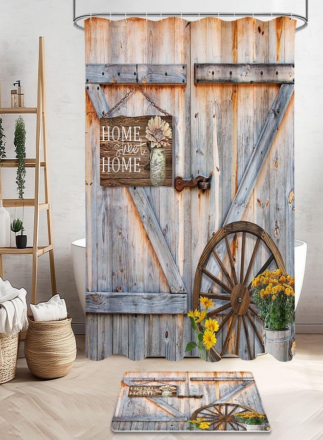 Litabel 4 Pcs Rustic Farmhouse Door Shower Curtain Set with Non-Slip Rugs, Toilet Lid Cover and Bath Mat, Countryside Flowers Bathroom Decor Set with Shower Curtain and Rugs(Hooks Not Included) - Image 3