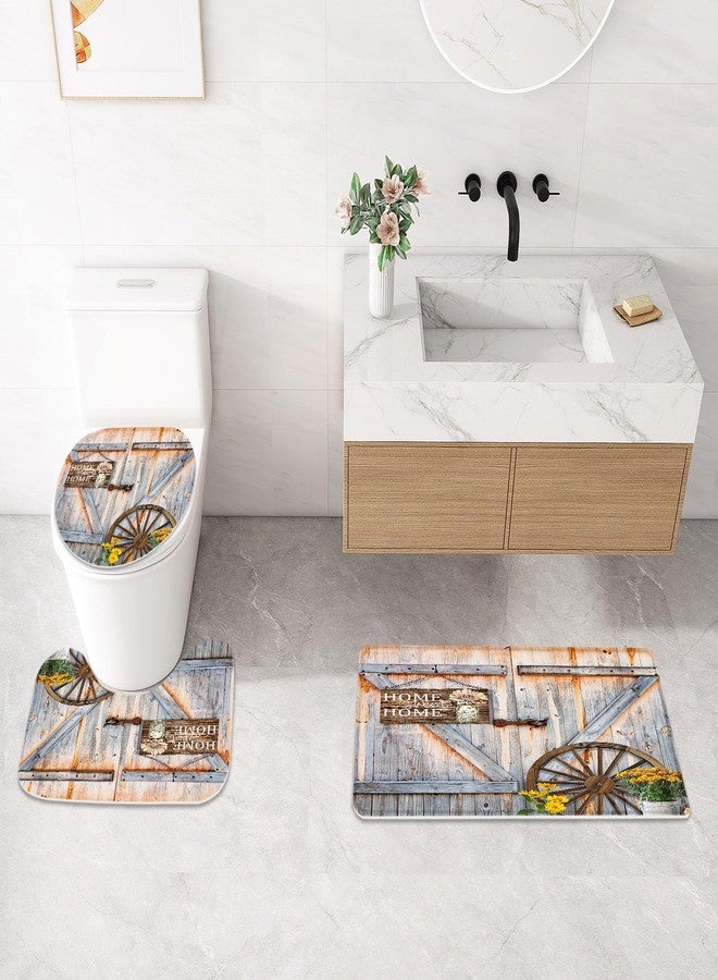 Litabel 4 Pcs Rustic Farmhouse Door Shower Curtain Set with Non-Slip Rugs, Toilet Lid Cover and Bath Mat, Countryside Flowers Bathroom Decor Set with Shower Curtain and Rugs(Hooks Not Included) - Image 4