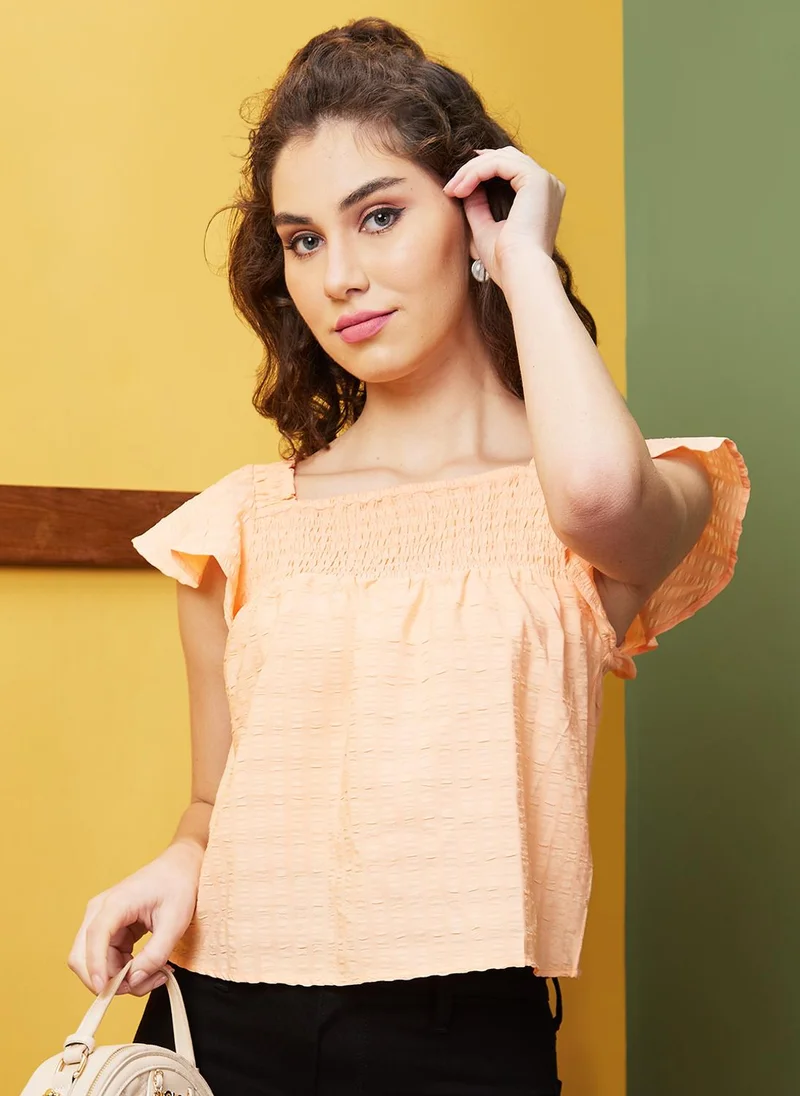 globus Globus Women Self Design Square Neck Flared Sleeve Crop Top