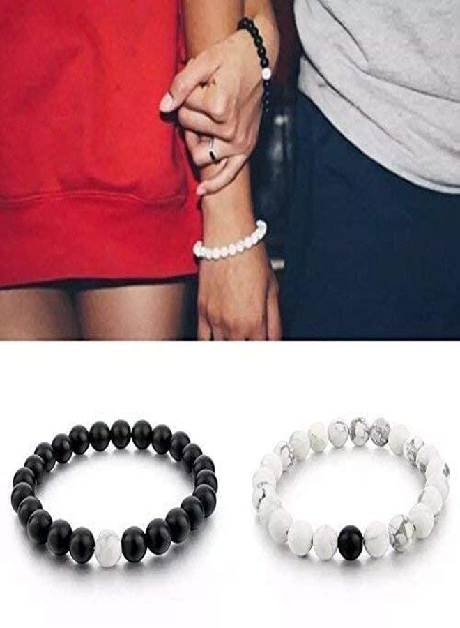 BEAUTIVIA Couple Bracelet Fashion Distance Couple Friendship Band Natural Stones Moti Reiki Yoga Healing Unisex Bracelet for Men Women Black And White - Image 4