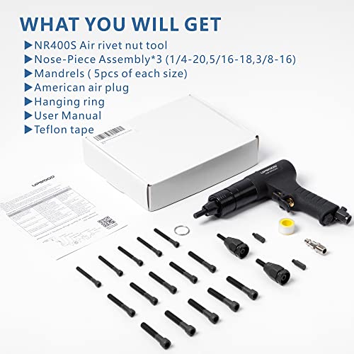 UPWOOD Pneumatic Rivet Nut Gun with 1420 51618 3816 NosePiece and MandrelsAir Rivet Nut Pull Setter Tool QuickChange NosePiece Assembly 5pcs Mandrels Included with Each Size - Image 3