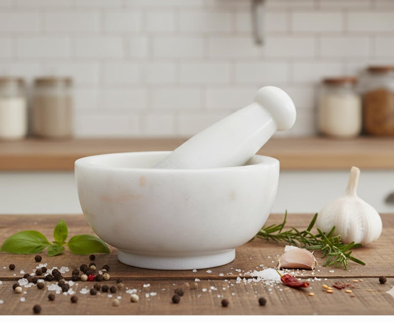 Kleo 6" Wide (Big Size) White Natural Marble Stone Mortar And Pestle Set As Spice, Medicine Grinder Masher - Kharad, Khallad, Okhli And Musal - Image 1