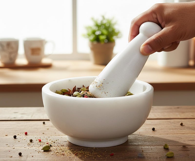Kleo 6" Wide (Big Size) White Natural Marble Stone Mortar And Pestle Set As Spice, Medicine Grinder Masher - Kharad, Khallad, Okhli And Musal - Image 2