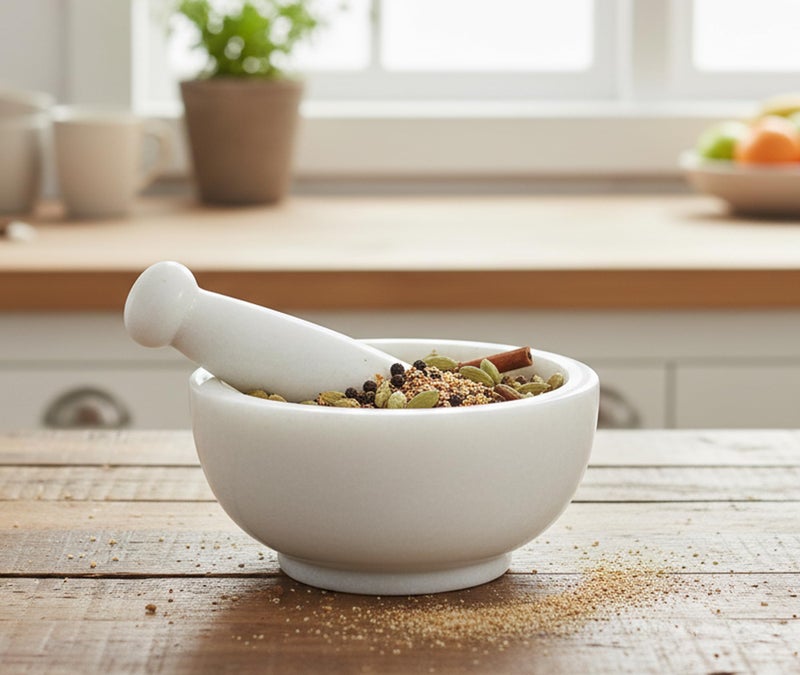 Kleo 6" Wide (Big Size) White Natural Marble Stone Mortar And Pestle Set As Spice, Medicine Grinder Masher - Kharad, Khallad, Okhli And Musal - Image 3