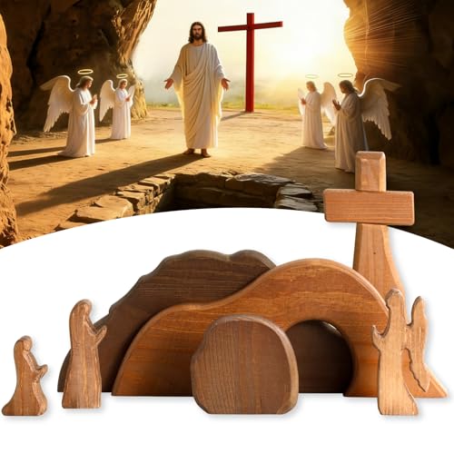 Gnodry The Empty Tomb Easter Scene Set 7Piece Christian Cross Decorations Decorations Religious Jesus Tomb Easter Kit Display for The Home Tabletop Office Wooden WarmBrown - Image 1
