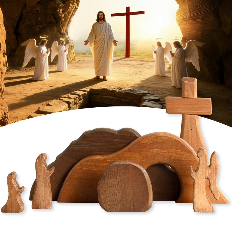 Gnodry The Empty Tomb Easter Scene Set 7Piece Christian Cross Decorations Decorations Religious Jesus Tomb Easter Kit Display for The Home Tabletop Office Wooden WarmBrown - Image 2