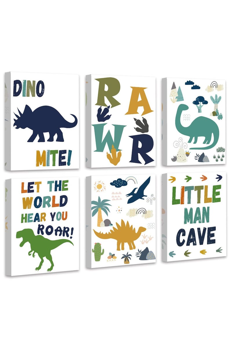Drsoum Dinosaurs Nursery Wall Art Decor - Kids Room Poster Dino Prints - Cute Wall Decor for Little Man Boys Girls Babies Toddler Bedroom Bathroom Playroom Decoration - Set of 6 - 8x10 inches (Framed) - Image 1