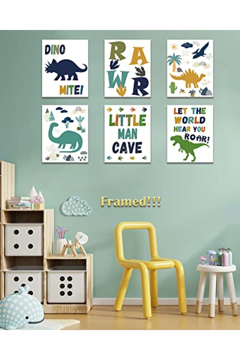 Drsoum Dinosaurs Nursery Wall Art Decor - Kids Room Poster Dino Prints - Cute Wall Decor for Little Man Boys Girls Babies Toddler Bedroom Bathroom Playroom Decoration - Set of 6 - 8x10 inches (Framed) - Image 3