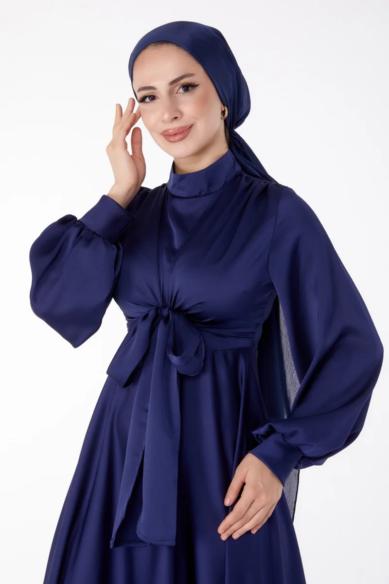 Tofisa Plain Judge Collar Women's Navy Blue Front Tie Evening Dress - 25342