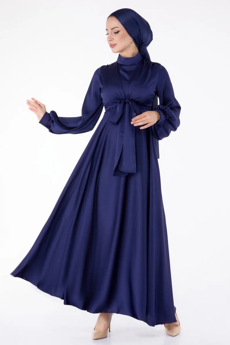 Tofisa Plain Judge Collar Women's Navy Blue Front Tie Evening Dress - 25342