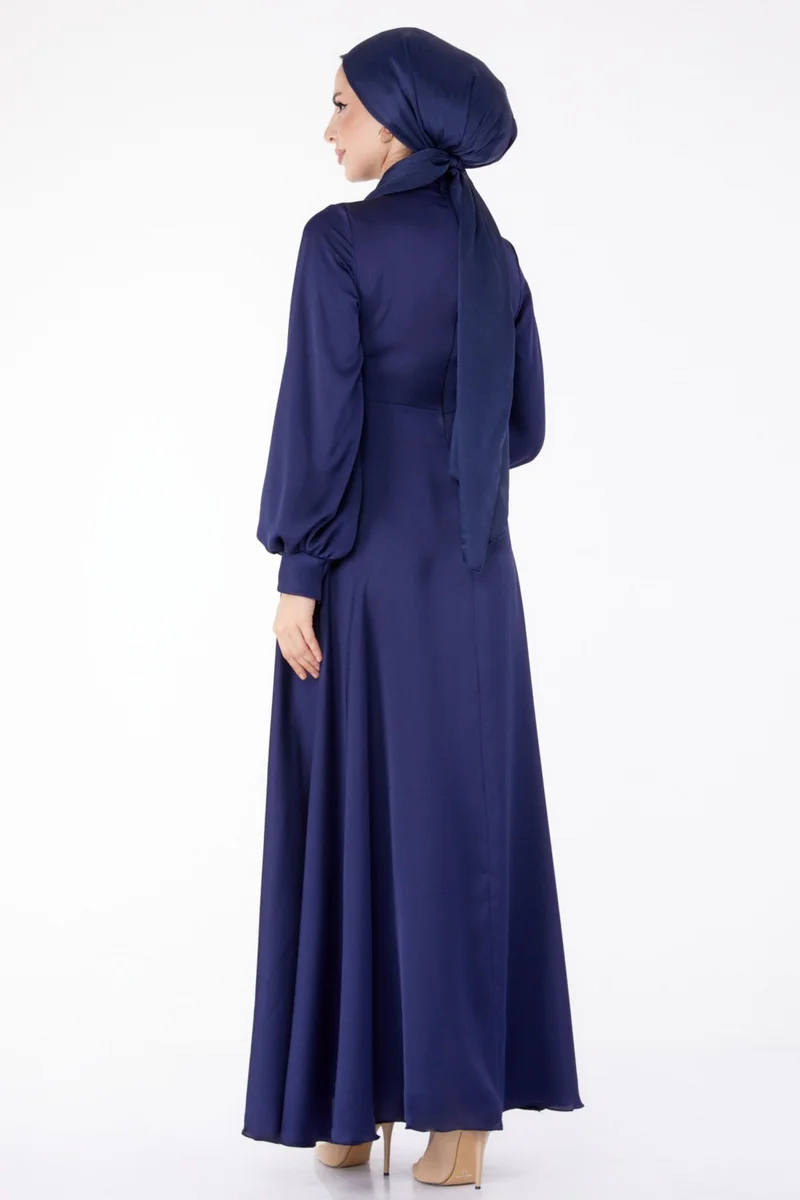 Tofisa Plain Judge Collar Women's Navy Blue Front Tie Evening Dress - 25342