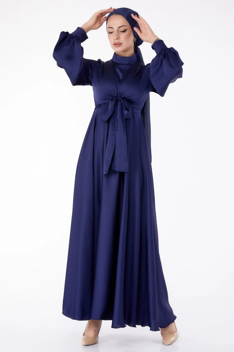 Tofisa Plain Judge Collar Women's Navy Blue Front Tie Evening Dress - 25342