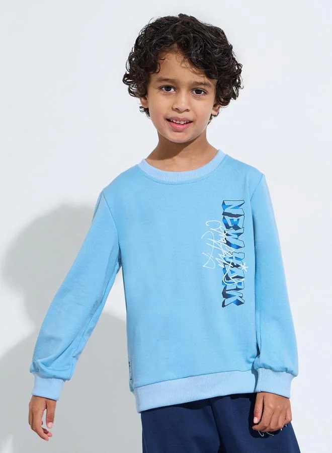 Styli Boys Navy Blue Graphic Print Oversized Sweatshirt and Joggers Set