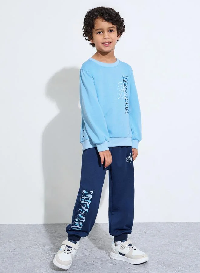 Styli Boys Navy Blue Graphic Print Oversized Sweatshirt and Joggers Set